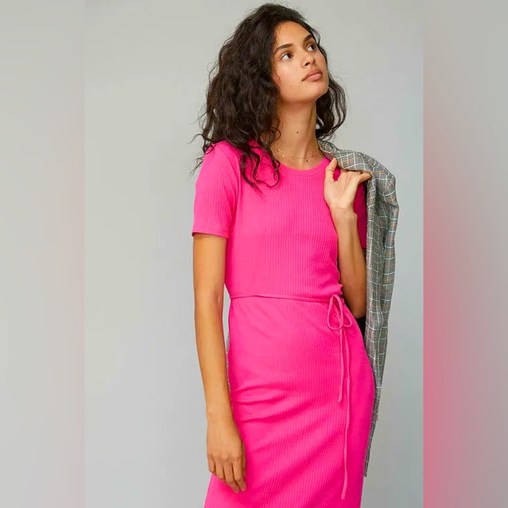 EUC Anthropologie Saturday/Sunday Addy Ribbed Midi Dress Barbie Pink Belted S